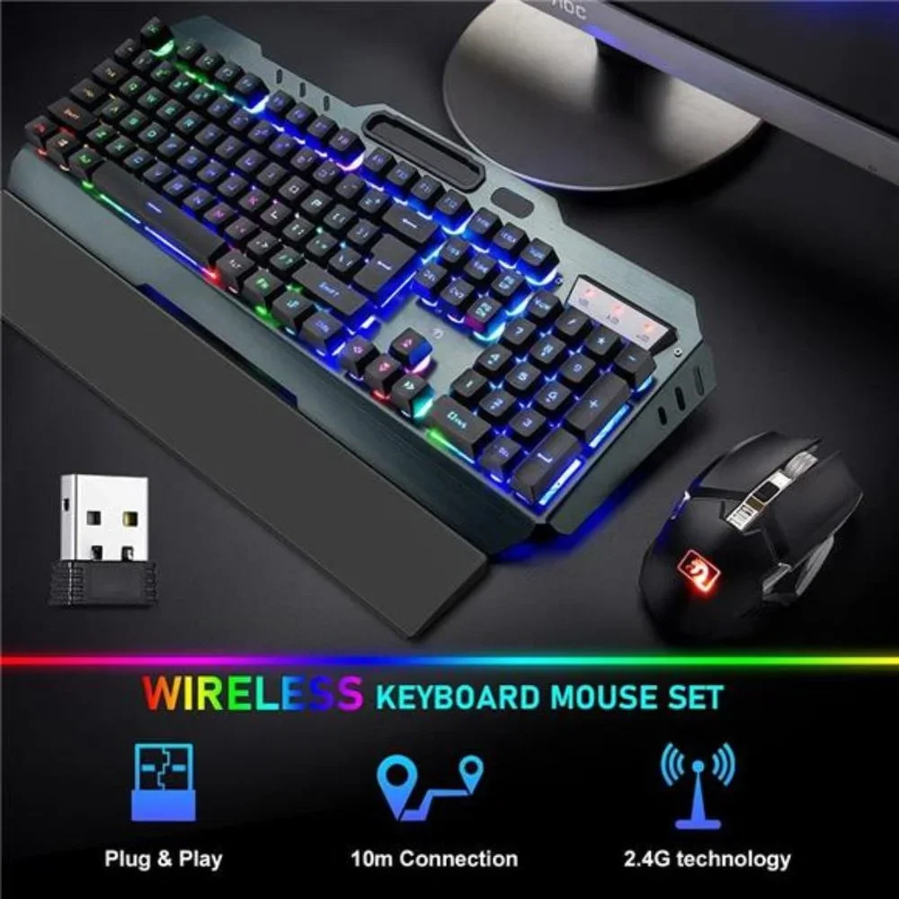 Wireless Keyboard & Mouse Combo,Rainbow Backlit Gaming Keyboard with Memory Foam